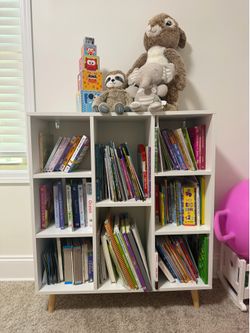 White cube bookshelf, storage unit with wooden legs