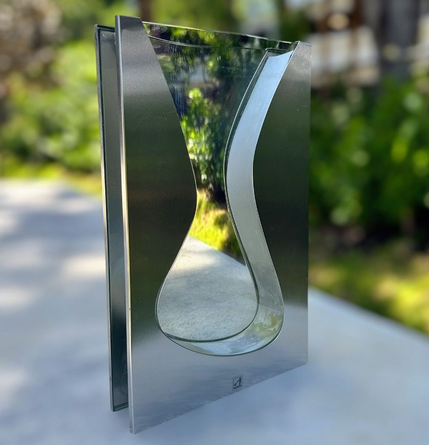 Vintage Rare Artisan-crafted Brushed Metal And Blown glass Vase-Modern Minimal
