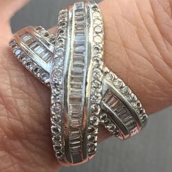 14k solid white gold Cross over ring  natural D color diamonds and baguettes