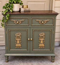 ⚜️Refinished Sage Green Cabinet with Gold Accents⚜️