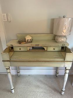 Vintage Shabby Chic Secretary Writing Desk Flip Top Drawers Distressed Cream