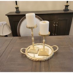 Gold Mirror Tray With 2 Candle Holders