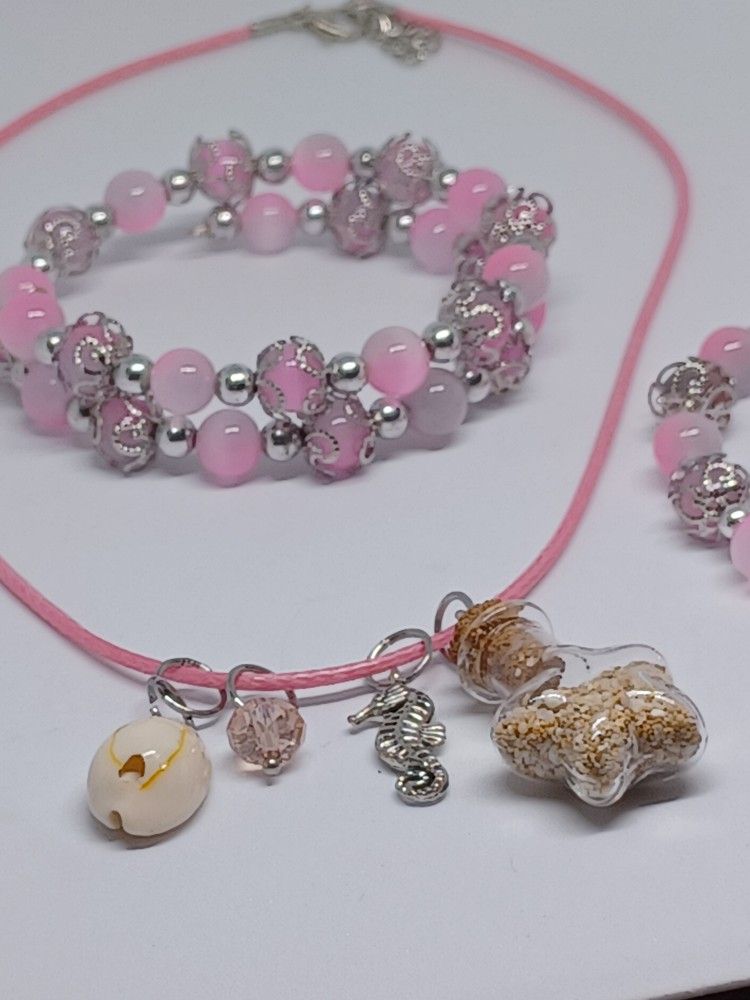 New, STAR Pink Jewelry Set, Pretty In Pink, Beach Sand, Stone Beads, Pink Cord, Charm Necklace,