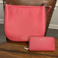 Brand new Kate Spade shoulder bag and large staci wallet. Shoulder bag is pebbled leather and the wallet is saffiano leather. Color is dark watermelon