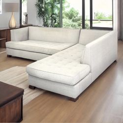 Cream White Designer 2pc 114” by 82” Tufted Sectional Sofa with Rightside Chaise by Mitchell Gold + Bob Williams