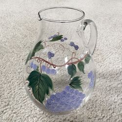 Vintage 1960s Clear Glass Ball Pitcher With Hand Painted Grapes and Vines - RARE!!