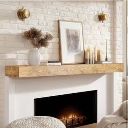 60x8x3 Fireplace Mantel - Handcrafted Hollow Rustic Solid Wood Wall Mounted Floating Shelf with Invisible Heavy Duty Wood Bracket (Natural Wood)