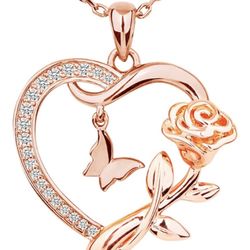 Heart Necklace for Women Sterling Silver/14k Gold Plated/Rose Gold CZ Romantic Rose and Butterfly Jewelry for women Birthday Valentine's Day Gift for 