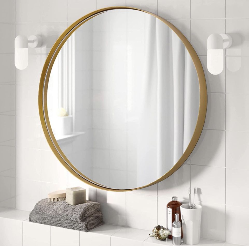 Clavie Round Bathroom Mirror Gold Round Mirror 18 inch Small Modern Wall Mirror Metal Frame Circle Mirror Wall Mounted Decorative Mirror for Vanity Be