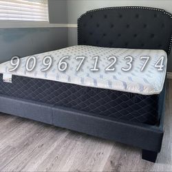 Queen Dark Grey Burlap Button Tufted Bed w. Orthopedic Mattress Included 