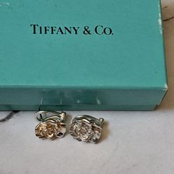 GOOD CONDITIONS " AUTHENTIC VINTAGE TIFFANY & Co.  925 STERLING SILVER ROSE OMEGA EARRINGS 150$
