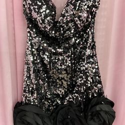Gorgeous Silver And Black Sequin Flower Sleeveless Strapless Short Drag Queen Costume Show Dress 
