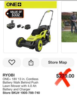 RYOBI ONE+ 18V 13 in. Cordless Battery Walk Behind Push Lawn Mower with 4.0 Ah Battery and Charger