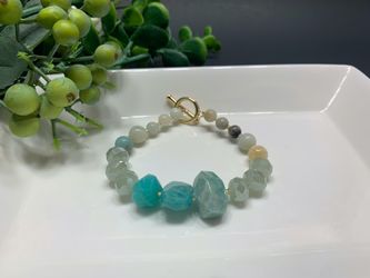 Irregular Natural Stone Open Bracelet Round Glass Beads Clasp Bracelet, Green