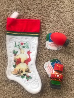 CHRISTMAS I LOVE MY DOG STOCKING AND 2 HOLIDAY SQUEAKS AND FLOAT TOYS NEW