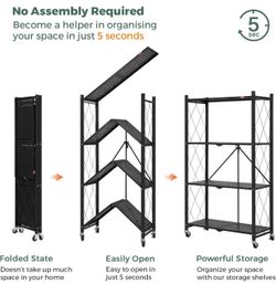 4 Tier Foldable Storage Shelves with Wheels, No Assembly Organizer Rack for Garage Kitchen, Basement, Pantry,Perfect for Craft Shows & Vendor Events(B