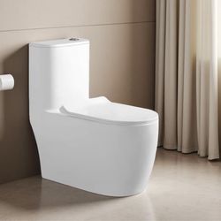 One Piece Toilet with Soft Closing Seat 10'' Rough-In Modern Toilet for Bathrooms 27.1x 15.4 x 29.9 Inches Standard White Toilet bowl