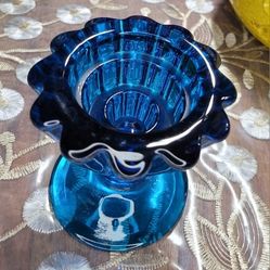 Vintage Viking Glass Bluenique Turquoise Blue Ribbed Epic Candle Holder