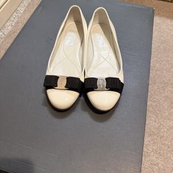 Salvatore Ferragamo White Flats with Black Bow