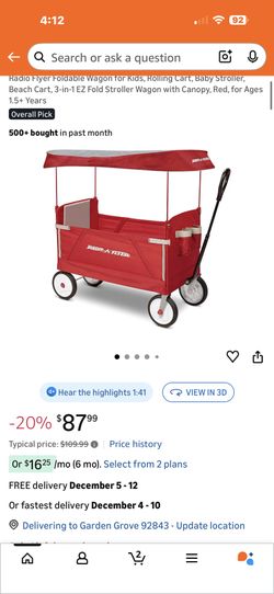 Radio Flyer Foldable Wagon for Kids, Rolling Cart, Baby Stroller, Beach Cart, 3-in-1 EZ Fold Stroller Wagon with Canopy, Red, for Ages 1.5+ Years