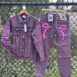 Asaali Pink/purple Demin Jeans & Jacket Set