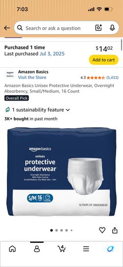 Amazon Basics Unisex Protective Underwear, Overnight Absorbency, Small/Medium, 16 Count