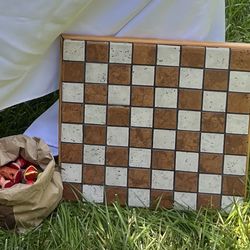 Wood and Tile Chess Board With Pieces