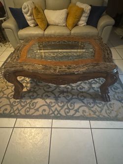 Ornate Wood and Glass Coffee Table