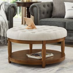 Brand New Sealed Ivory Large Round Tufted Linen Ottoman Coffee Table