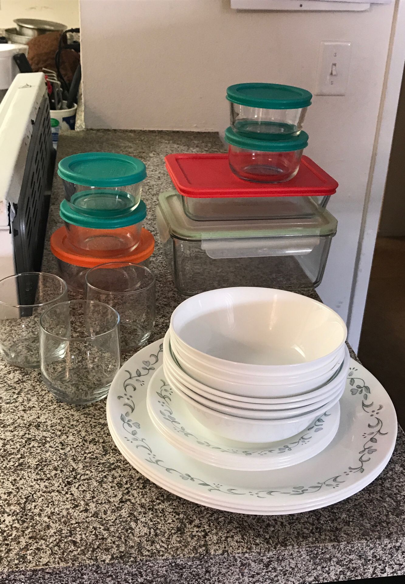 Correlle plate,bowl,small plates, Pyrex glass containers, juice mugs