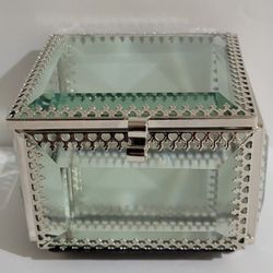 Beautiful Glass Jewelry Box With Silver Trim And Mirror Bottom