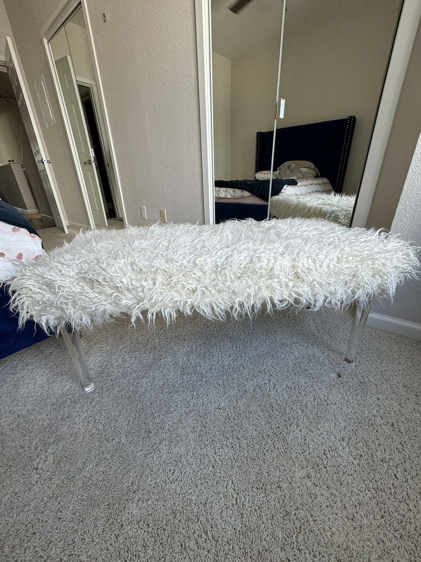 White Faux Fur Bench with Acrylic Legs