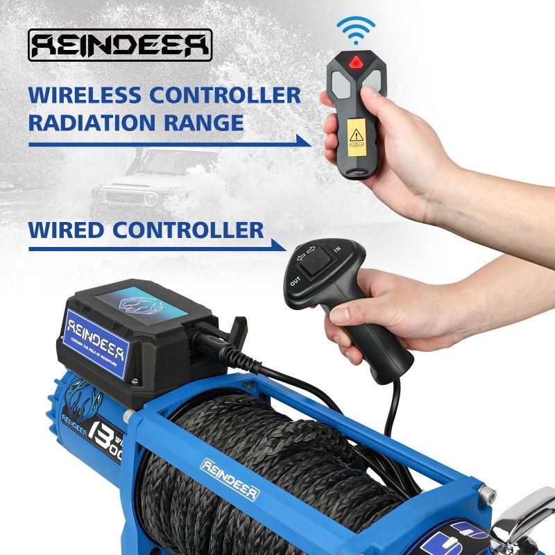 REINDEER 12V Electric Winch 13000lb Load Capacity Multi-Purpose Winch Heavy Duty with Synthetic Rope Hawse Fairlead Waterproof Wireless Handheld Remot