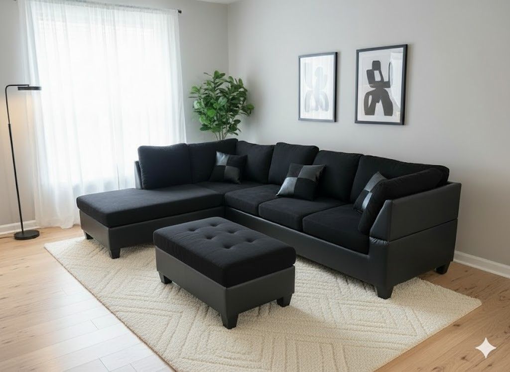 😍Brand New Black L Shape Sectional Sofa/Couch with Pillows - Ottoman | Pay After Delivery 🚚