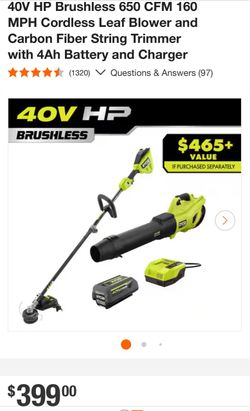 RYOBI 40V HP Brushless 650 CFM 160 MPH Cordless Leaf Blower and Carbon Fiber String Trimmer with 4Ah Battery and Charger