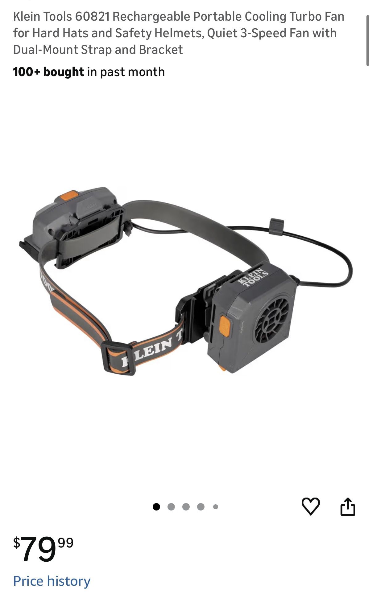 Klein Tools 60821 Rechargeable Portable Cooling Turbo Fan for Hard Hats and Safety Helmets, Quiet 3-Speed Fan with Dual-Mount Strap and Bracket