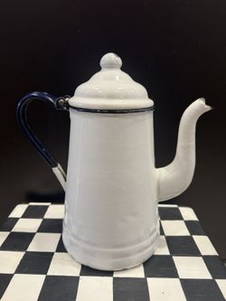 Vintage Farmhouse Enamelware White Blue Trim Coffee Pot Gooseneck 9” Tall