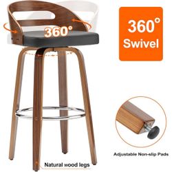 Bar Stools Set of 2, Swivel Bar Height Stools with Walnut Bentwood, Low Back, Upholstered Faux Leather, Soft Cushion Seat, Mid Century Bar Stools for 