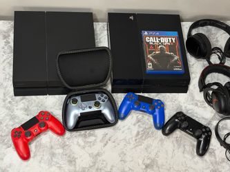 PS4 Bundle - 2 Consoles, 3 Working Controllers + 1 Scuf Controller (For Parts) & Headsets