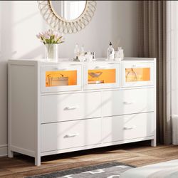 Wide Storage Organizer Unit Wood Frame And Wooden 7 Drawers Dresser With LED Lights White