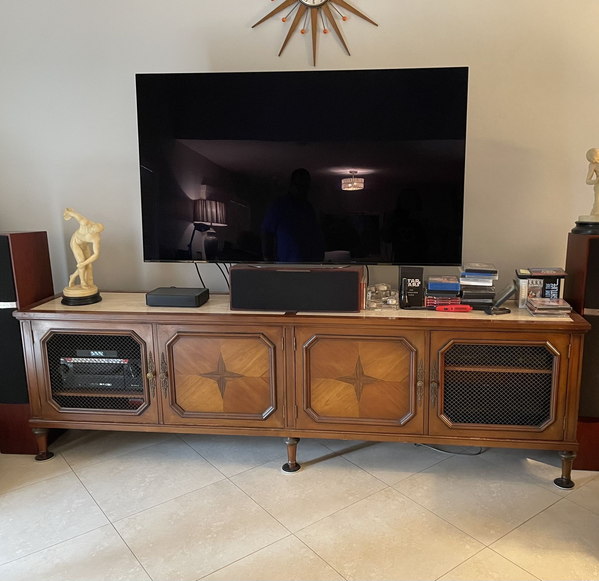 Mid-Century Modern 8’ Credenza w/Marble Inlay, Beautiful Example Of MCM, Use as Media Center
