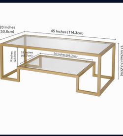 Gold Frame Glass Coffee Table 17”x20”x45”