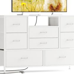New On Box 47.4 Inch TV Stand Up to 50 Inch TV, 8 Fabric Drawers Dresser with RGB LED Light and Power Outlet, Chest of Drawers for Hallway, Entertainm