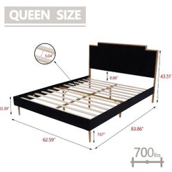 Queen Bed Frame | Black Upholstered + Gold Metal