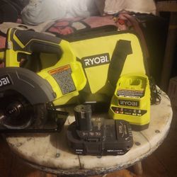 Ryobi ONE + SAW AND TWO 18V LITHIUM 1.6AH BATTERIES.