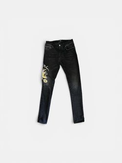 AMIRI Men’s Black Denim Jeans Skinny Fit Embroidered Logo 5-Pocket Button
