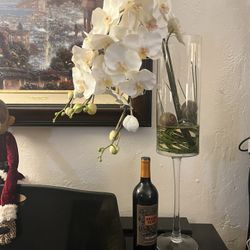 Large Sculptural White Orchid Arrangement in Tall Glass Vase