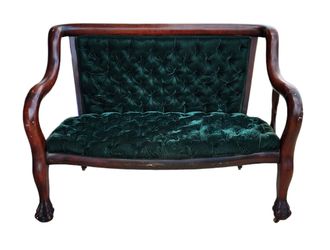 Green Velvet Button Tufted Claw Feet Wheeled Antique Mahogany Sofa