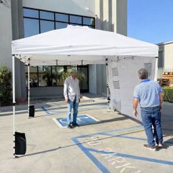 New In Box 10x10 Feet EZ Pop Up Portable Canopy White Color Gazebo Tent With Side Wall And Sand Pouches And Carrying Bag 
