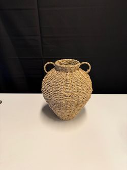 Natural Woven Fiber Urn-Shaped Basket with Handles
